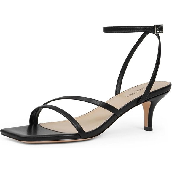 Black Strappy Kitten Heel Sandals Women Elegant Ankle Strap Open Toe Heels - Picture 1 of 8